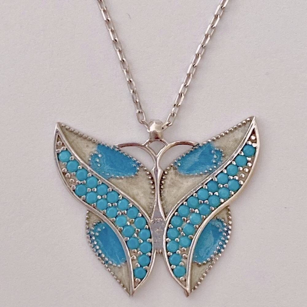 🦋 925 Silver butterfly necklace enamel turquoise - Picture 1 of 4